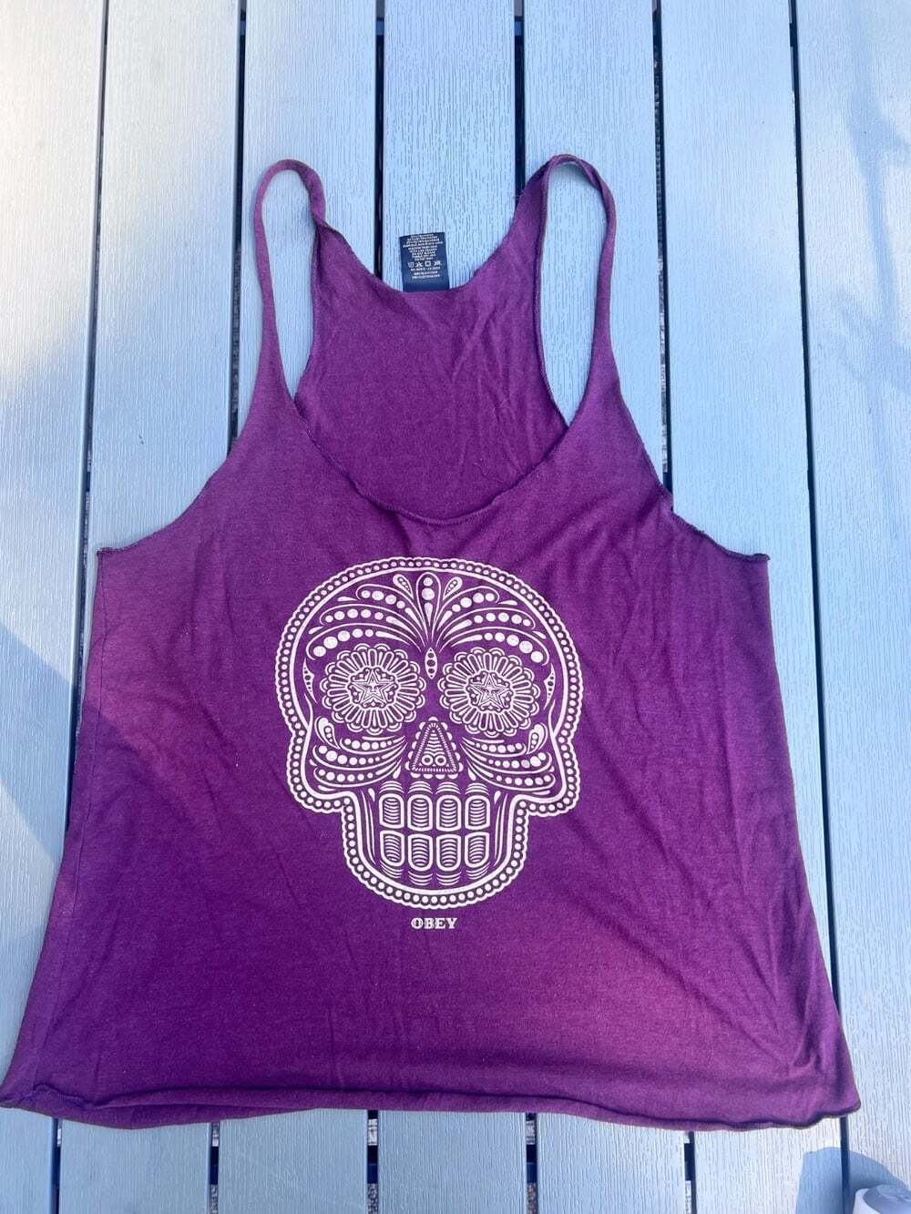Obey Sugar Skull Tank Top Large Purple Made USA Racerback Graphic Streetwear